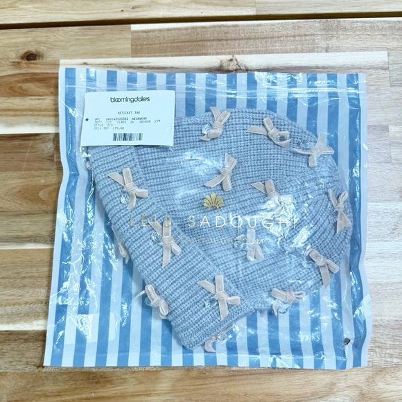 NWT Lele Sadoughi Bow Embellished Dangle Beaded Beanie in Dove Grey $175 MSRP - Picture 8 of 8